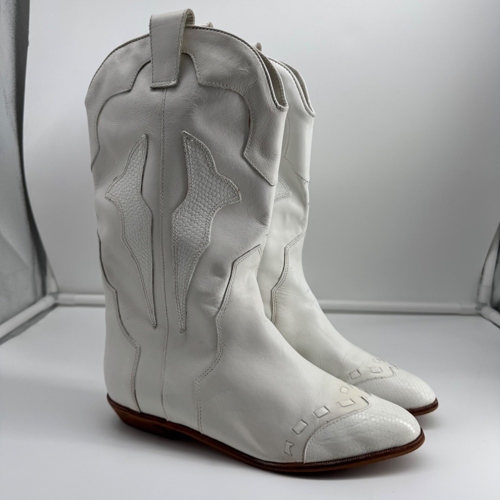 Vintage Imperial White Leather Cowboy Boots Western Boho Festival Womens Size 6